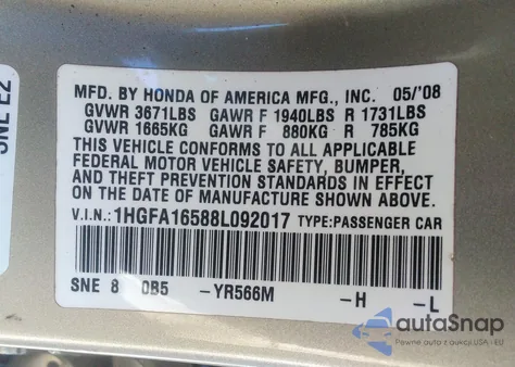 2008 Honda Civic Lx z USA, uszkodzony, nr VIN 1HGFA16588L092017